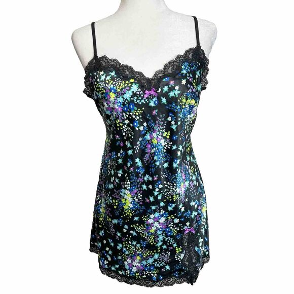 Y2K Victoria's Secret Floral Satin Lace Mini Slip Dress Size Medium Silver Tag - Picture 1 of 10